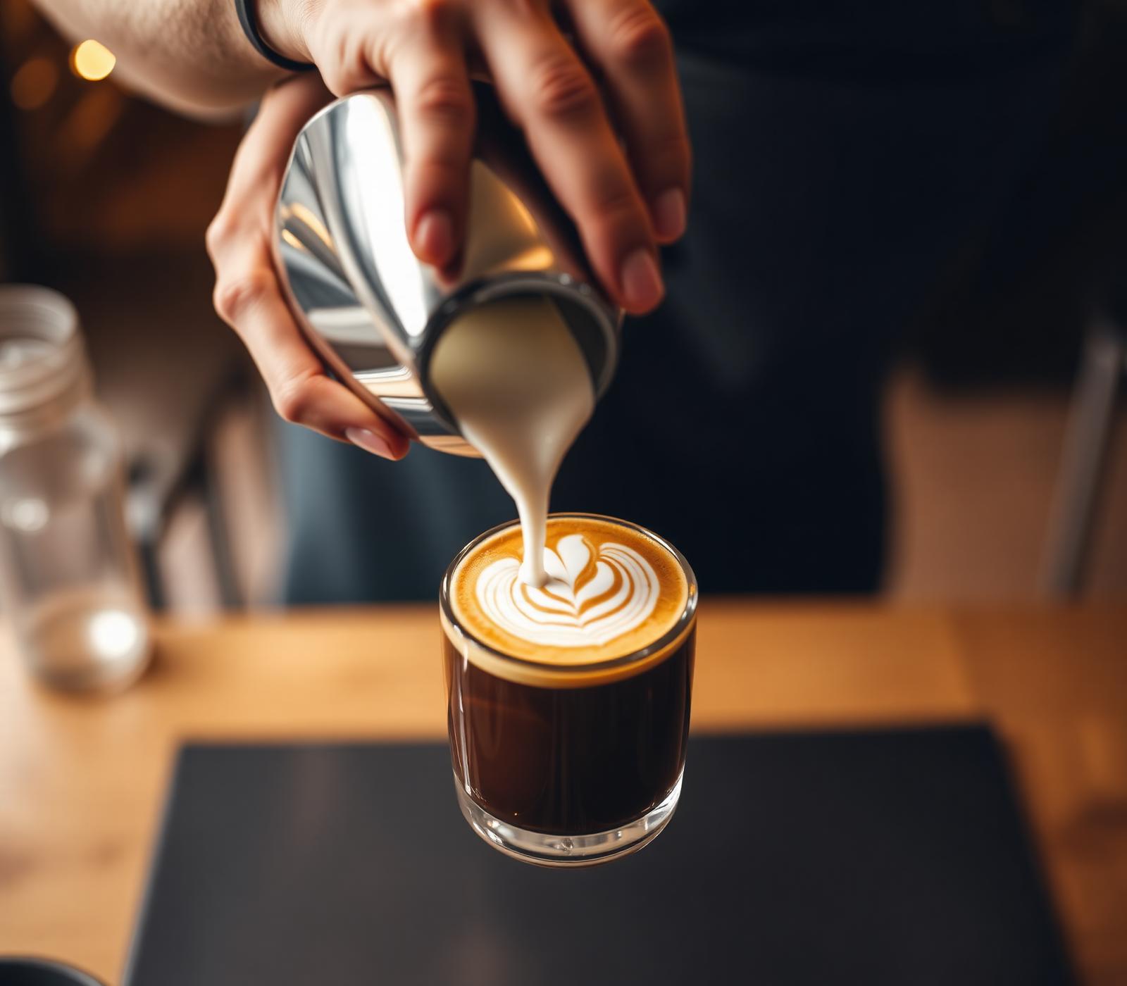 Barista pouring milk into espresso, creating a delicate rosetta latte art