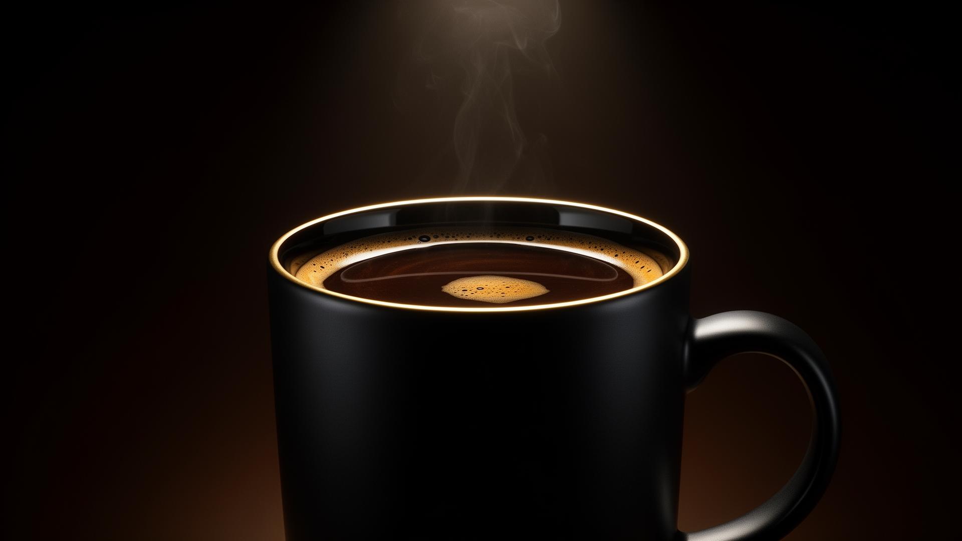 A photorealistic matte black coffee mug emerging from darkness, illuminated by a single warm spotlight